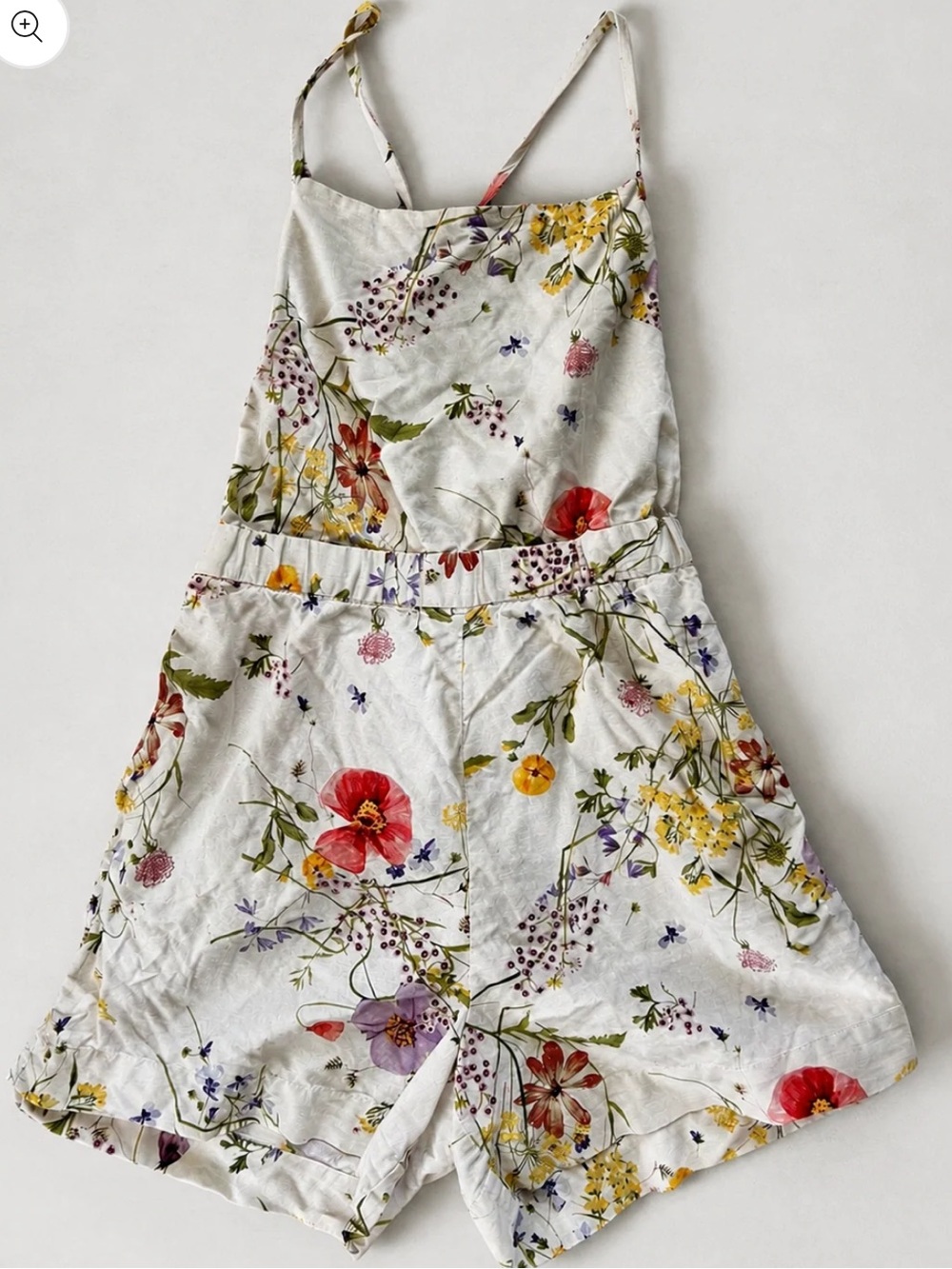 H&M White Floral Linen Blend Romper with Red & Yellow Accents